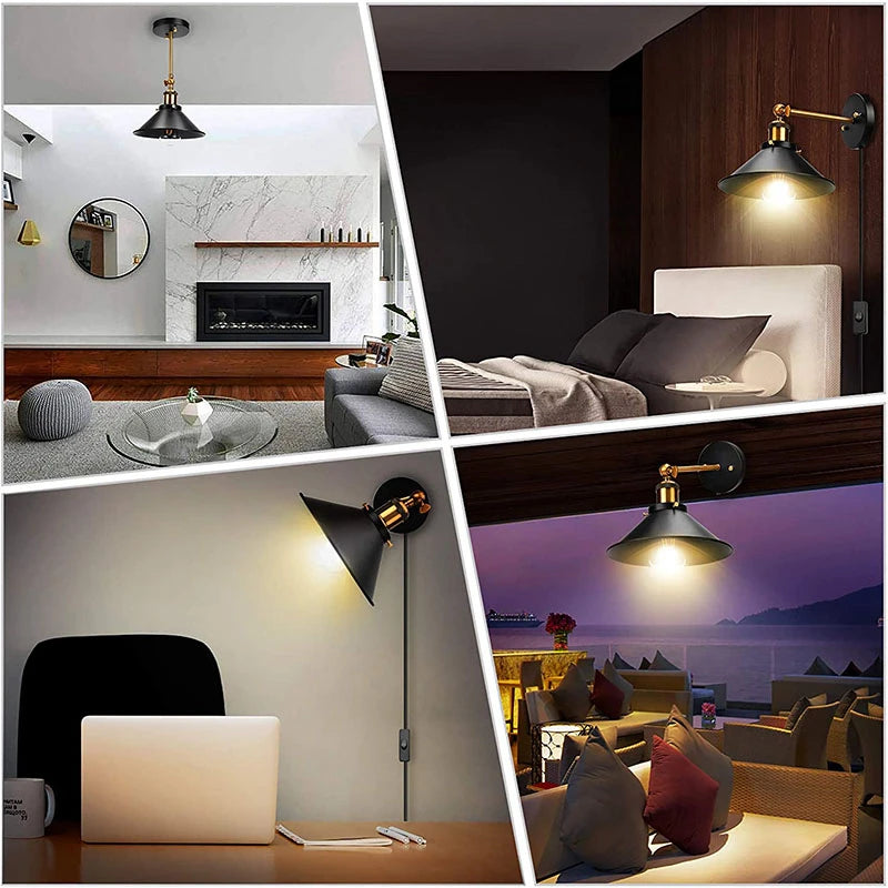 Vinatge loft arandela lâmpada com plug in 1.8m cabo preto luz industrial para casa e27 sala de estar quarto luminárias