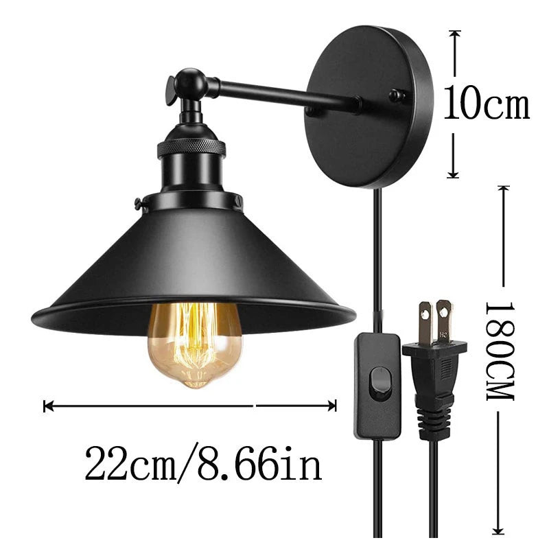 Vinatge loft arandela lâmpada com plug in 1.8m cabo preto luz industrial para casa e27 sala de estar quarto luminárias