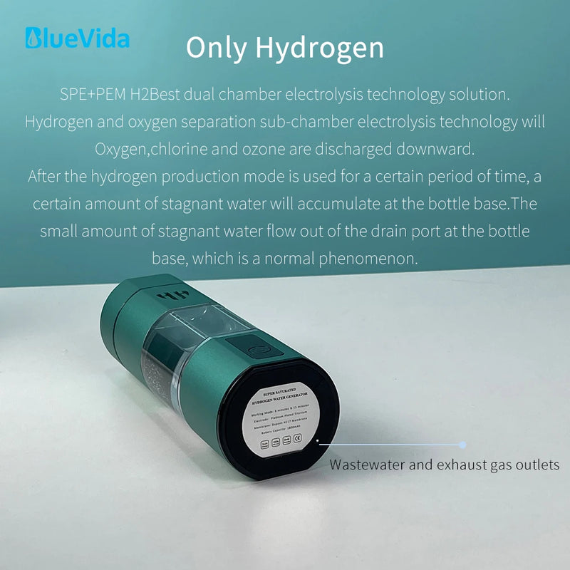 Garrafa geradora de água rica em hidrogênio Bluevida DuPont SPE&PEM lonizador de água de câmara dupla - dispositivo de inalação H2 + adaptador Max 6000ppb
